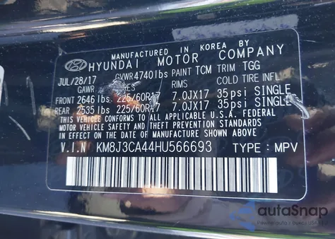 2017 Hyundai Tucson Se z USA, uszkodzony, nr VIN KM8J3CA44HU566693